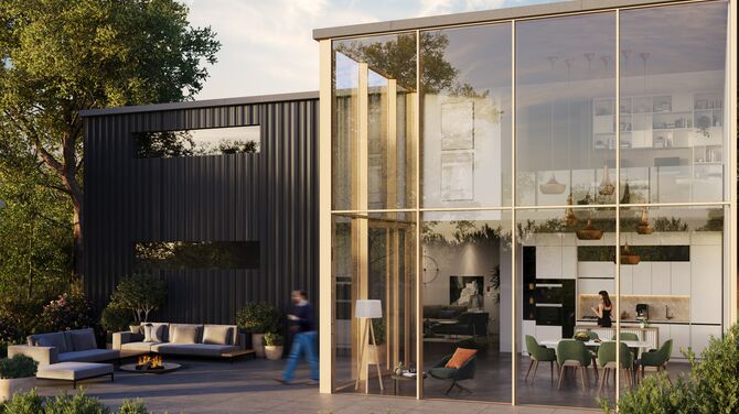 Alt: Render architektoniczny nowoczesnego prywatnego domu z fasadą słupowo-ryglową od podłogi do sufitu.
